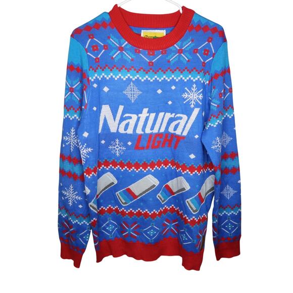 Tipsy Elves Natural Light Men's Parody Beer Christmas Holiday Sweater Large Blue - Picture 2 of 16
